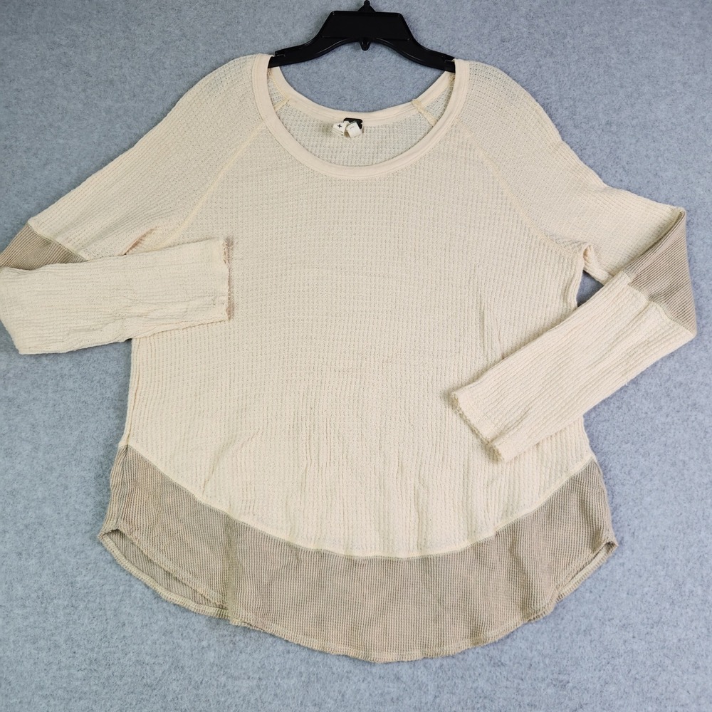 We The Free Thermal Top Womens M Cream Waffle Knit Colorblock Boho Curved Hem